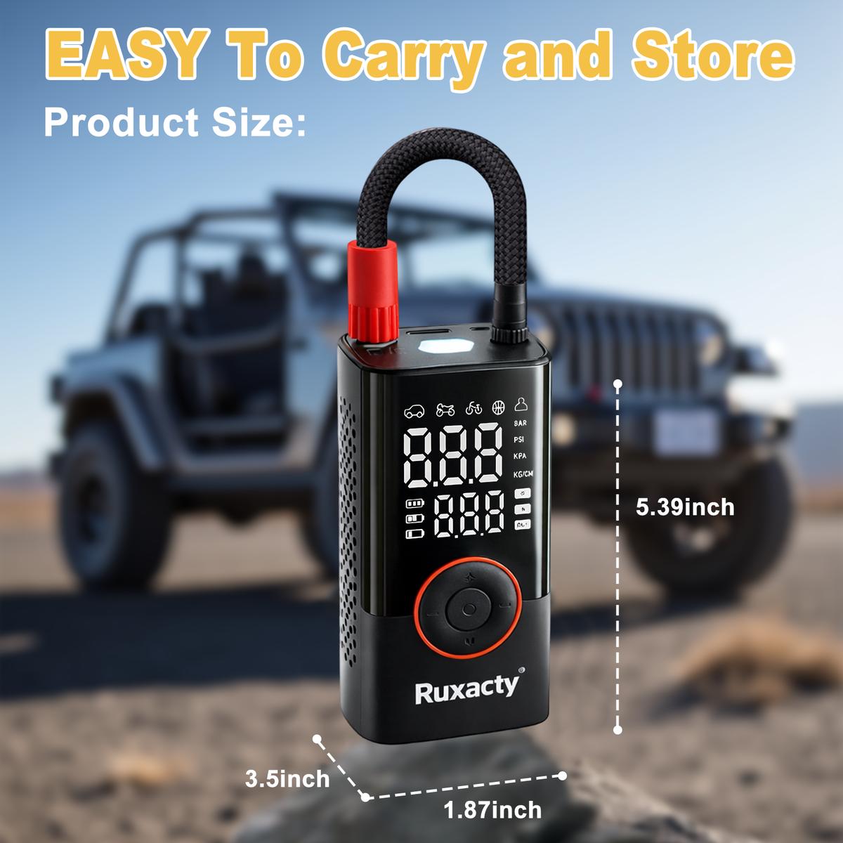 Ruxacty Upgraded Portable Digital Car Tire Inflator Pump 150PSI Wireless Air Compressor with Digital Pressure Gauge, LED Light, Auto Shut-Off Function, Large Capacity Battery for Cars, Motorcycles, Bicycles, and Inflatables