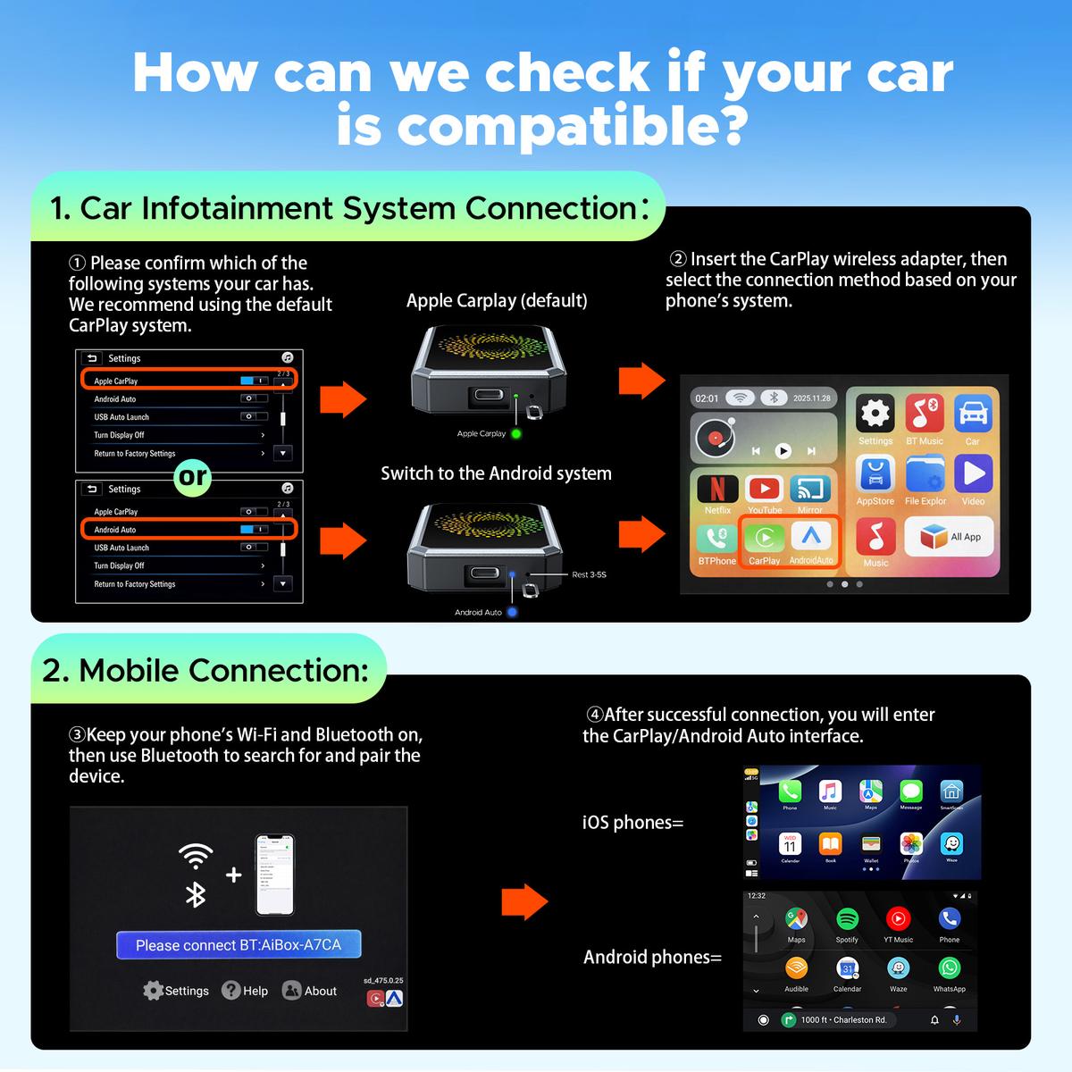 【StockUp】LAMTTO Wired to Wireless Carplay Adapter【Not support for Tesla & BMW】Supports Netflix/Youtube/TikTok APP to Play Video on a Car Screen (Do Not Support Vehicles with Built-in Wireless CarPlay) ,Your Entertainment Co-pilot on the Road!