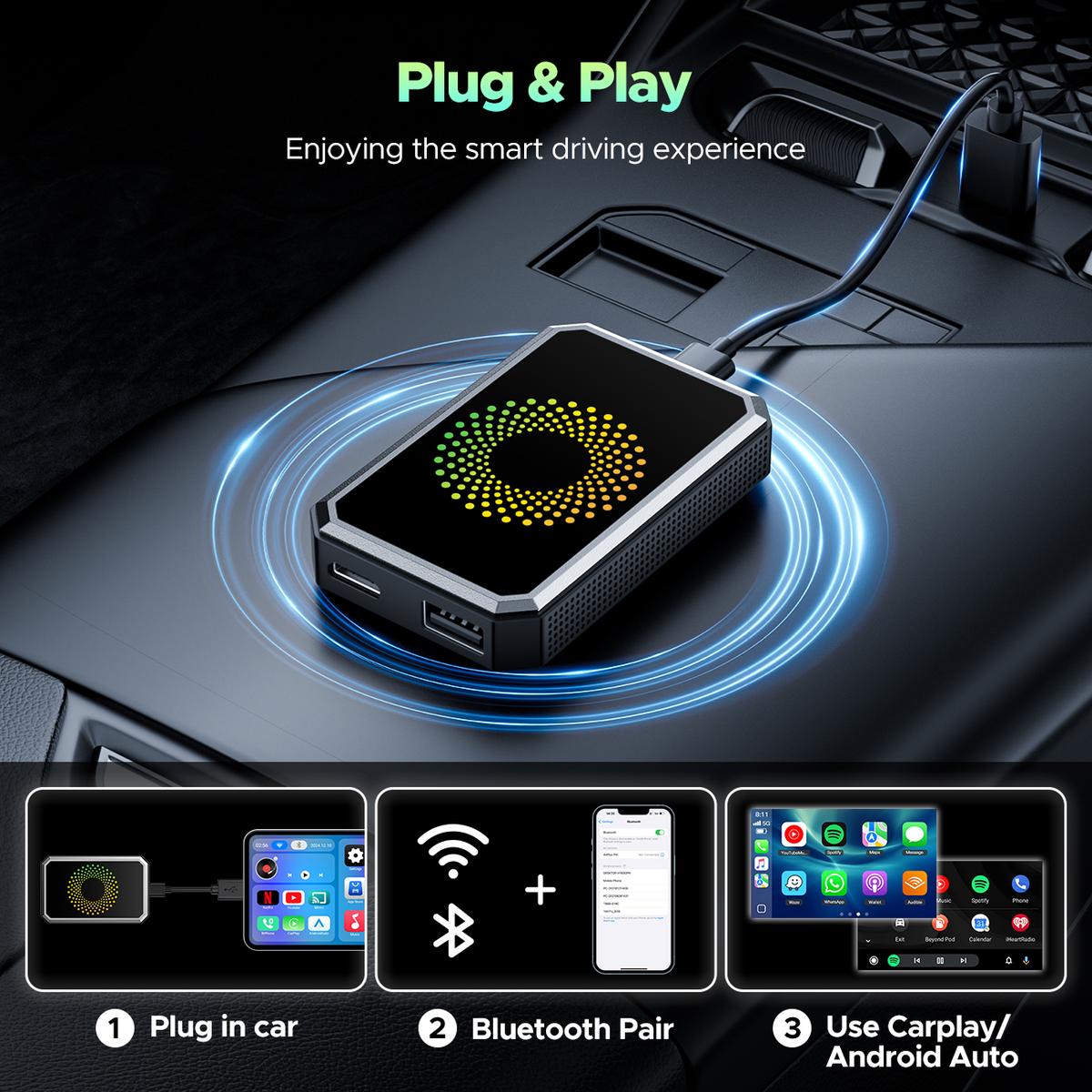 【StockUp】LAMTTO Wired to Wireless Carplay Adapter【Not support for Tesla & BMW】Supports Netflix/Youtube/TikTok APP to Play Video on a Car Screen (Do Not Support Vehicles with Built-in Wireless CarPlay) ,Your Entertainment Co-pilot on the Road!