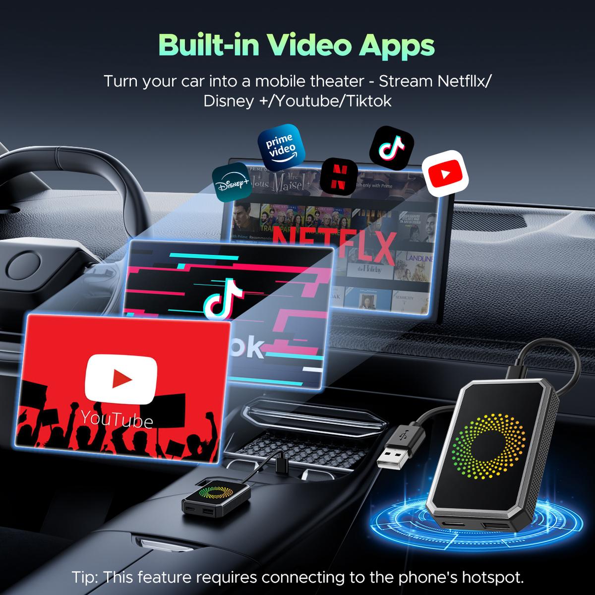 【StockUp】LAMTTO Wired to Wireless Carplay Adapter【Not support for Tesla & BMW】Supports Netflix/Youtube/TikTok APP to Play Video on a Car Screen (Do Not Support Vehicles with Built-in Wireless CarPlay) ,Your Entertainment Co-pilot on the Road!