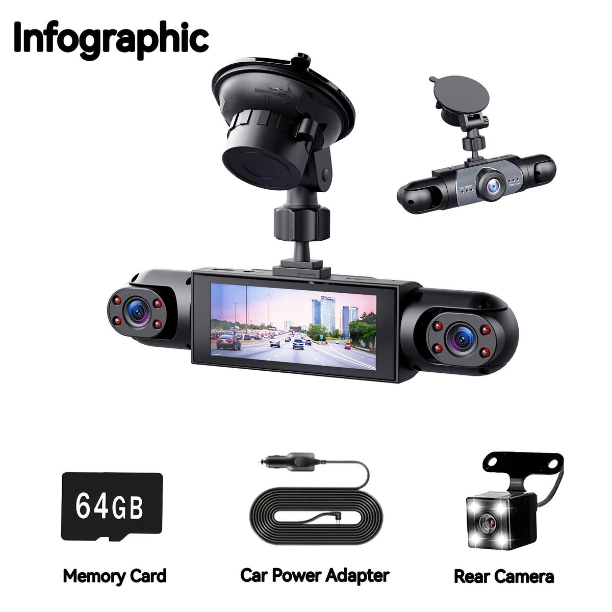 4 Channel Car Dash Cam,1080P Car DVR with 64GB Memory Card，Car Video Surveillance with Night Vision，24/7Parking Mode Car DVR Hd Screen Front Rear Left And Right dashcam