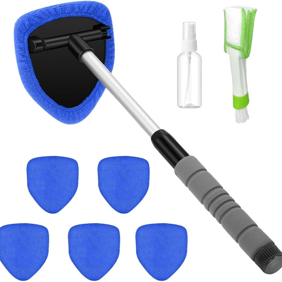 9PCS Car Window Cleaner Kit Extendable Handle Windshield Cleaning Tool with 6 Reusable Microfiber Pads with Air Vent Brush & Empty Spray Bottle