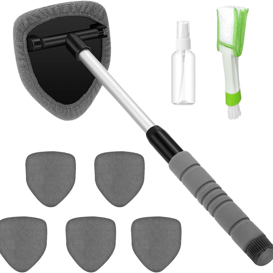 9PCS Car Window Cleaner Kit Extendable Handle Windshield Cleaning Tool with 6 Reusable Microfiber Pads with Air Vent Brush & Empty Spray Bottle