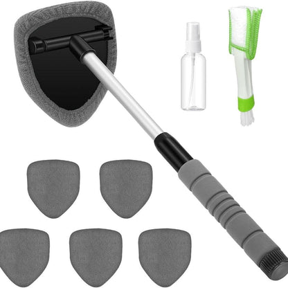 9PCS Car Window Cleaner Kit Extendable Handle Windshield Cleaning Tool with 6 Reusable Microfiber Pads with Air Vent Brush & Empty Spray Bottle